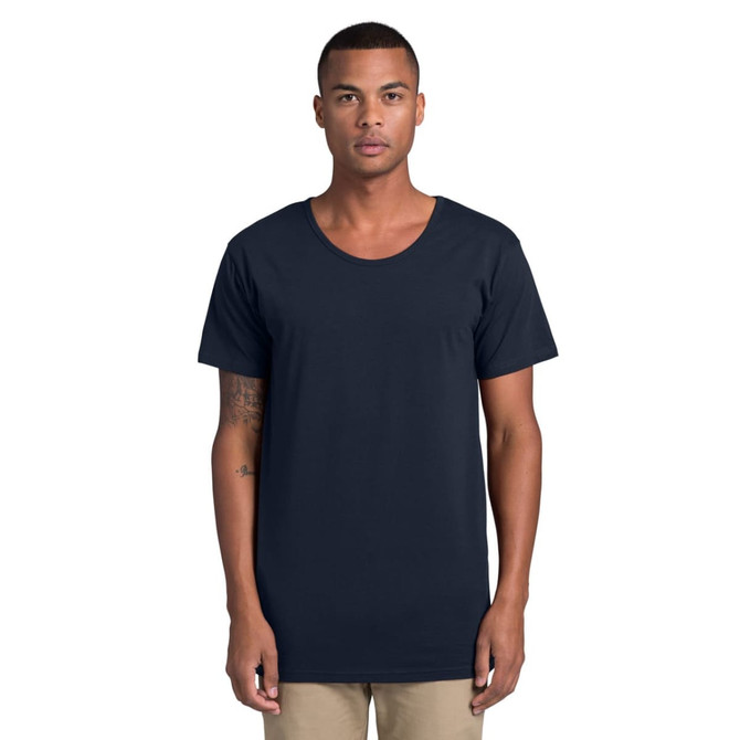 A navy blue t-shirt featuring a round neckline and short sleeves, on a male model. The shirt has a logo.
