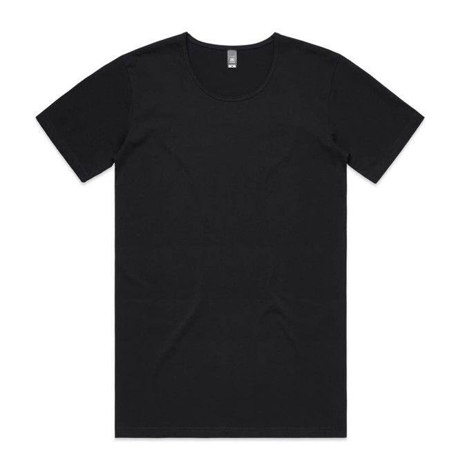 A black T-shirt featuring a round neck and short sleeves. It has a logo at the neckline.