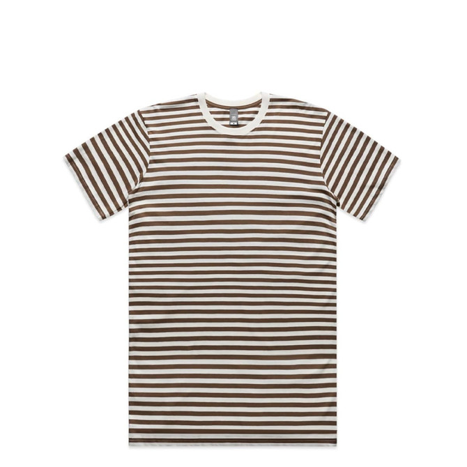 A brown and white striped t-shirt with a round neck and short sleeves, featuring a logo.