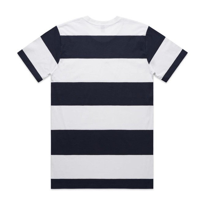 A Wide Stripe Tee featuring alternating navy and white stripes, with a simple design and a logo on the back.