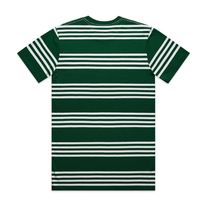 A green T-shirt featuring classic white quad stripes and a logo on the back.