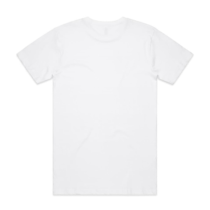 A plain white t-shirt with a standard crew neckline and short sleeves, featuring a logo on the back.