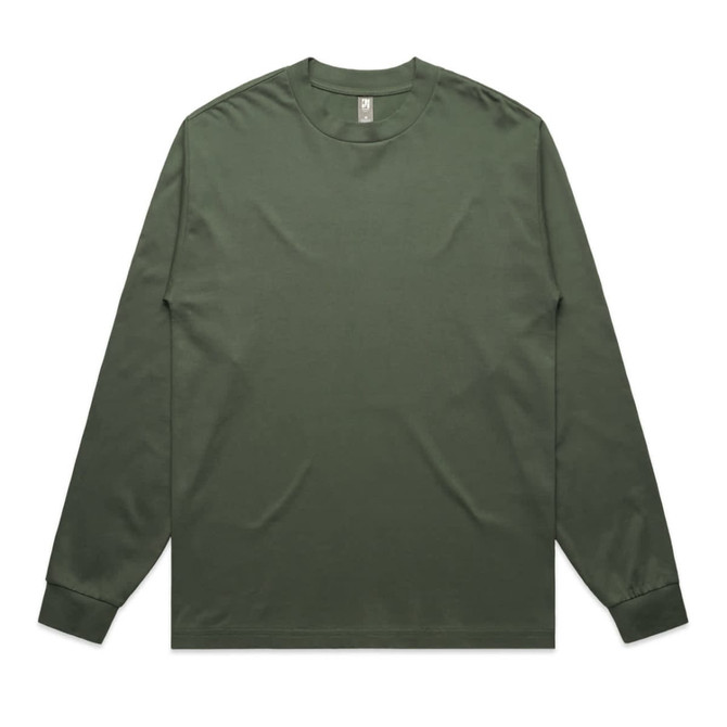 A long-sleeve tee in dark green, featuring a simple design and a logo on the label.