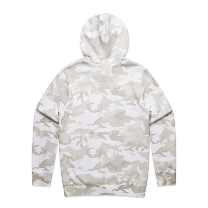 A hooded jumper in a light grey camo pattern, featuring a logo on the back.