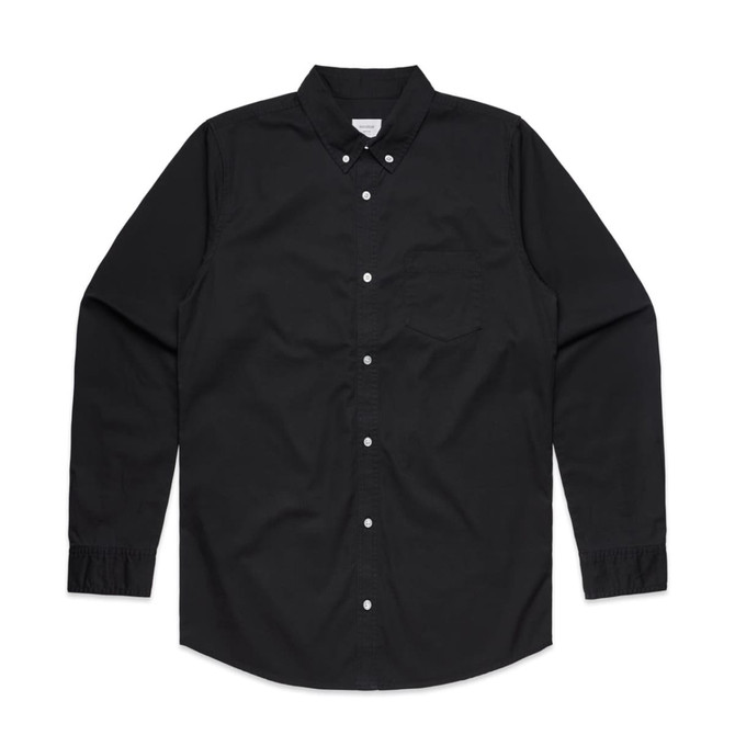 A black button-up shirt with a collar, long sleeves, and a pocket on the front, featuring white buttons.