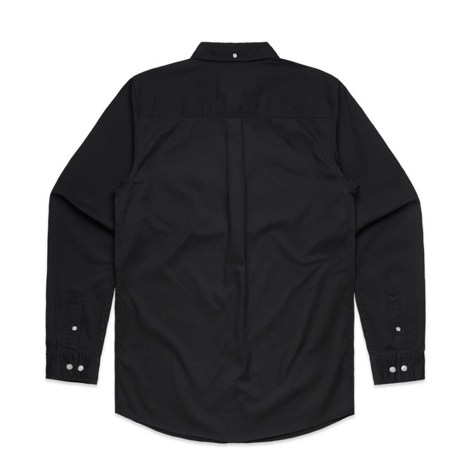 A black denim wash shirt with long sleeves and a button-up design, featuring a logo on the back.