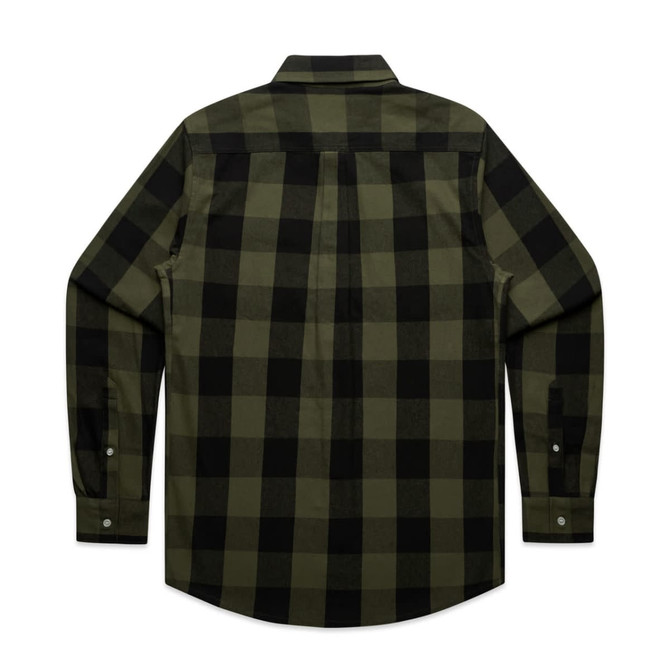 A black and olive green check shirt featuring a button-up design and a traditional collar. It has a logo on the back.