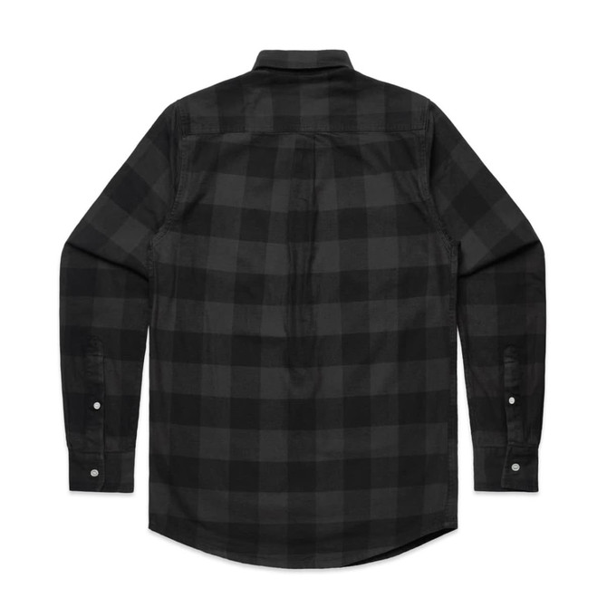 A black check shirt featuring a button-up design and long sleeves, with a branded logo on the back.