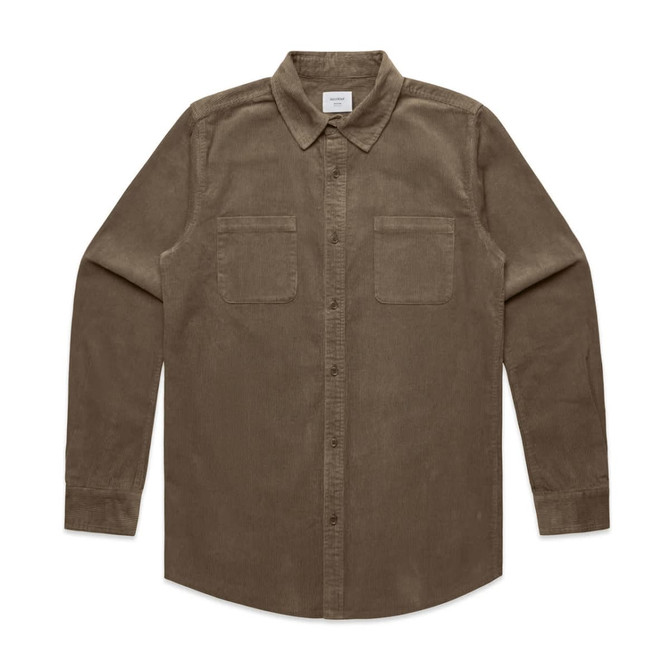 A button-up cord shirt in a muted brown colour with two chest pockets and a collar. It features a logo.