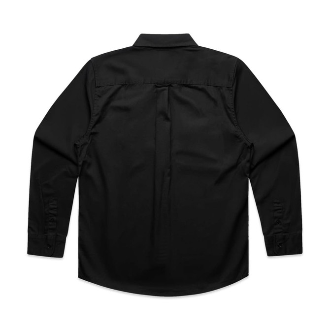 A black long-sleeved work shirt with a button-down collar and a back pleat, featuring a logo on the sleeve.