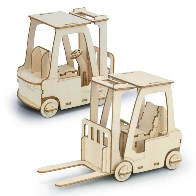 A wooden model of a forklift in natural wood colour, featuring detailed cut-outs and assembly parts.