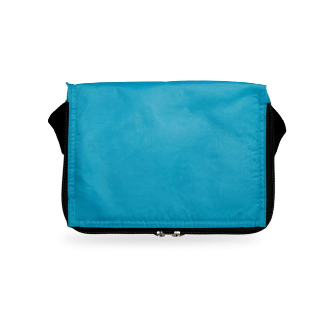 A teal bag with a black zipper, featuring a simple design and a logo on the front.