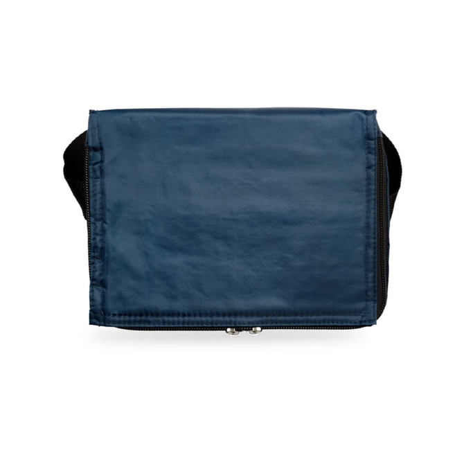 A navy blue bag with a zip closure, featuring black accents and a smooth finish. It has a simple design and no visible branding.