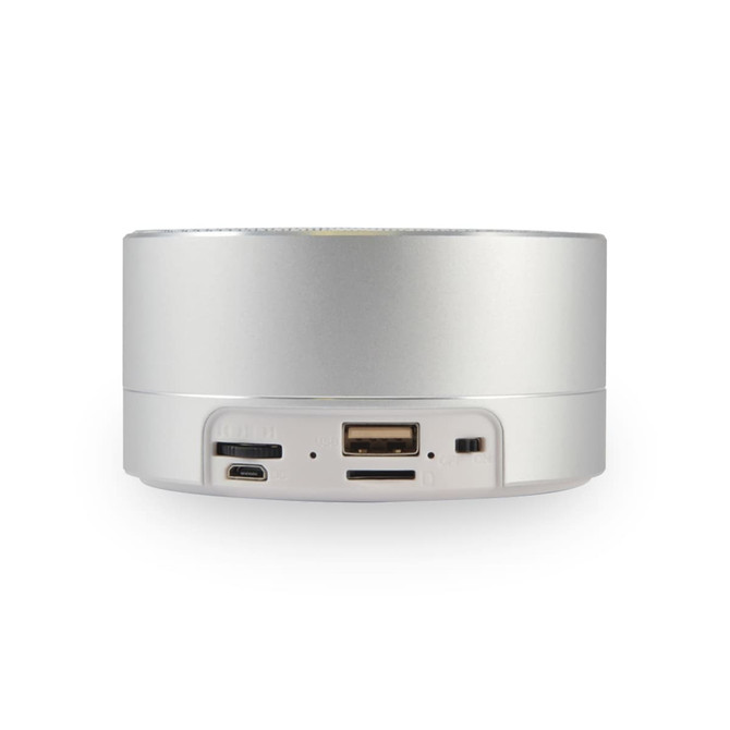 A silver speaker with multiple ports, including USB and AUX connections, showcasing a sleek, modern design.