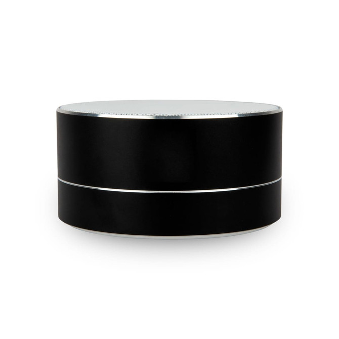 A black coffee mug with a sleek silver band and a smooth, rounded design, featuring a logo.