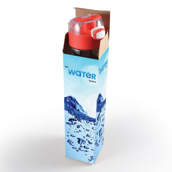 A drink bottle in a box, featuring a red lid and a dark body, with a logo and a water-themed design.