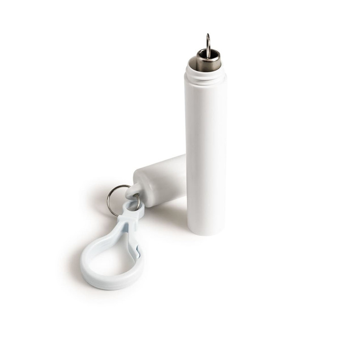 A drink bottle with a telescopic straw, featuring a white design and a keyring attachment.