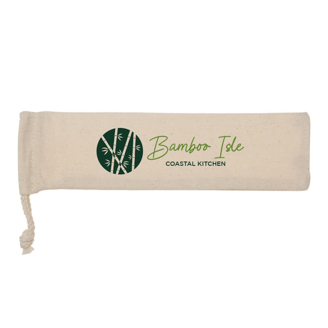 A cream-coloured pouch featuring a logo, with a drawstring closure for storage.