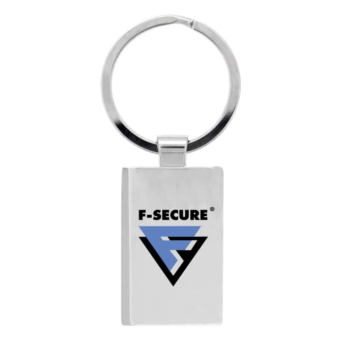 A silver rectangular keychain featuring a metal ring and a logo on one side.