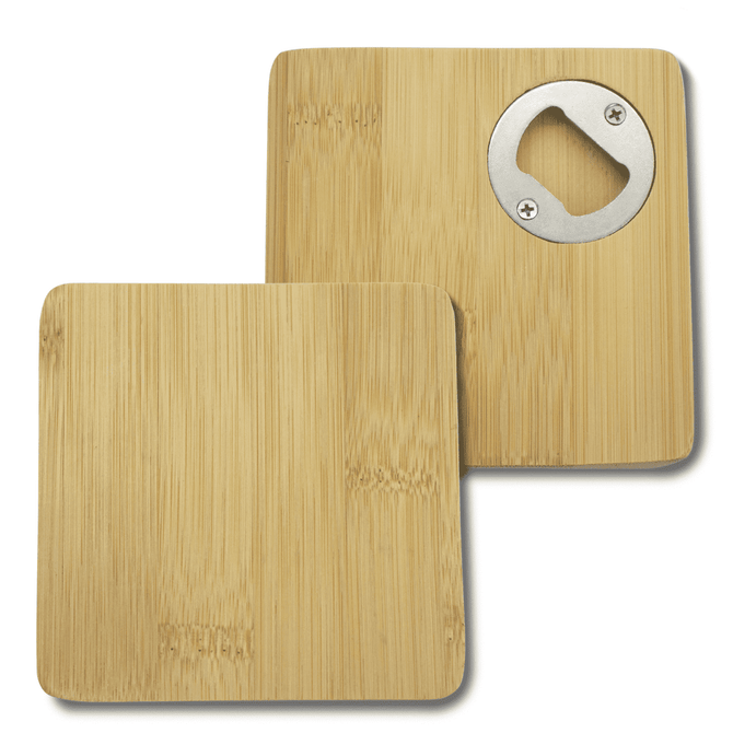 A square bamboo coaster featuring a built-in bottle opener, showcasing a natural bamboo finish.