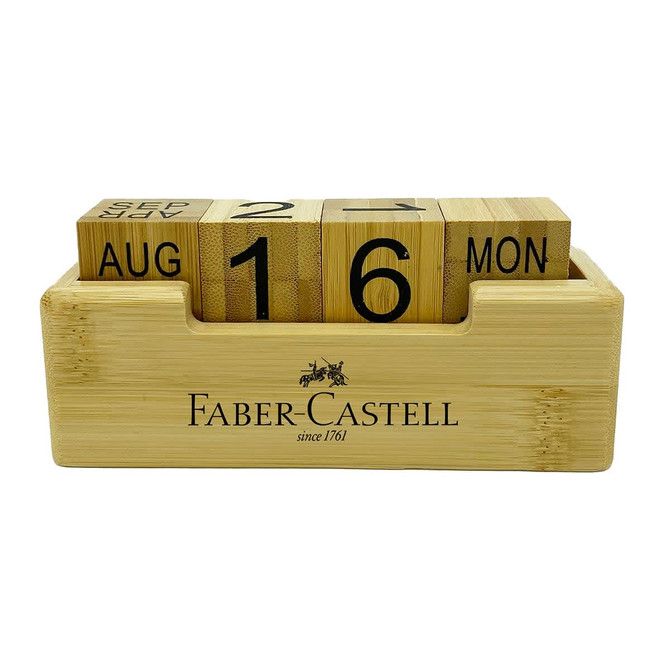 A bamboo perpetual calendar featuring black wooden blocks for the month, date, and day, set in a wooden holder.