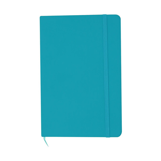 A teal A5 notebook with a smooth cover and an elastic band closure, featuring a logo.