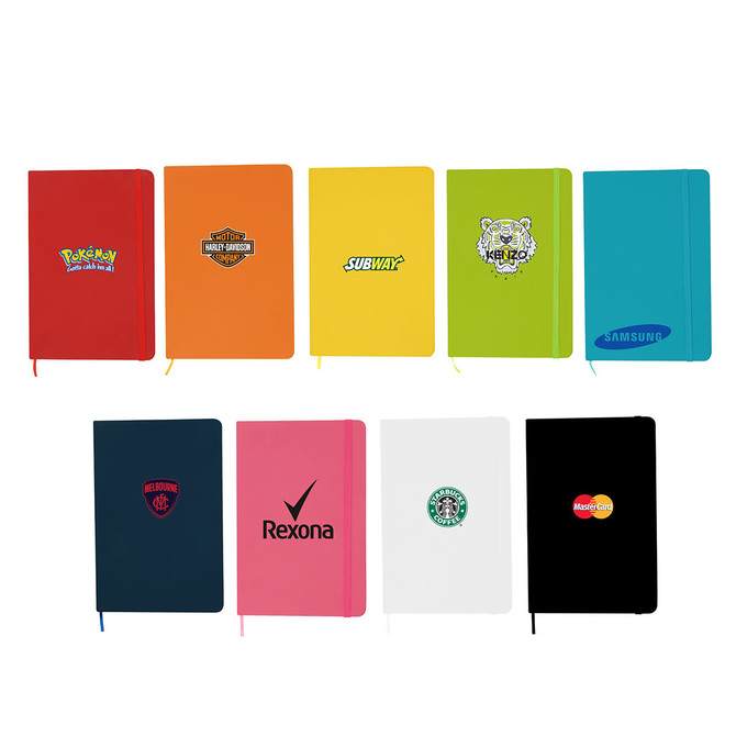 A collection of colourful A5 notebooks in various shades, featuring different logos and branding on the covers.