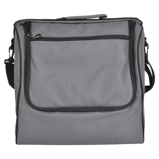 A grey picnic basket with a front zippered pocket and an adjustable shoulder strap. It features a branded logo.
