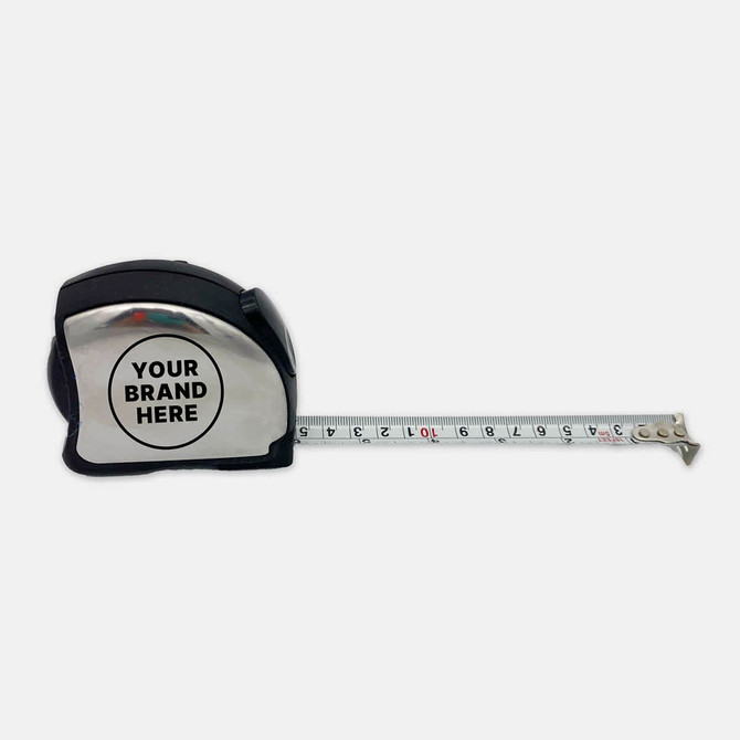 A silver and black professional tape measure with a branding logo, extended to show measuring tape.