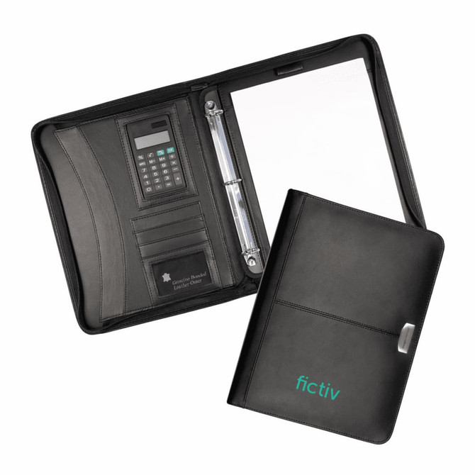 A black leather zippered compendium with a calculator, card slots, and a notepad. Features a front cover with a logo.