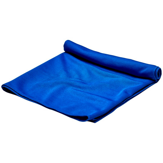 A blue cooling towel neatly rolled up, featuring a textured surface and a logo on one end.