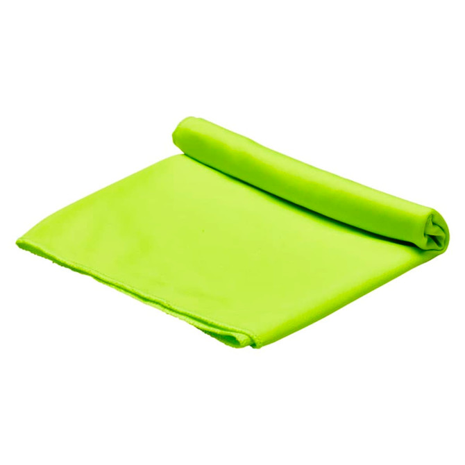 A bright green cooling towel, neatly rolled at one end, designed for leisure and outdoor activities.