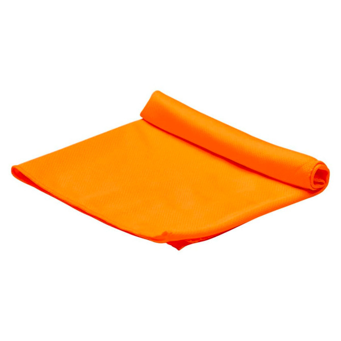 An orange cooling towel is rolled up, featuring a textured surface. It includes a logo.