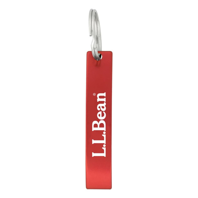 A drink bottle opener in red with a silver keyring, featuring a logo on one side.