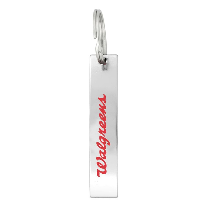 A drink bottle opener in silver metal featuring a red logo on one side, attached to a keyring.