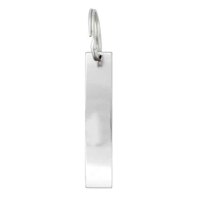 A drink bottle opener featuring a sleek, silver metallic design with a simple rectangular shape and a hanging loop.