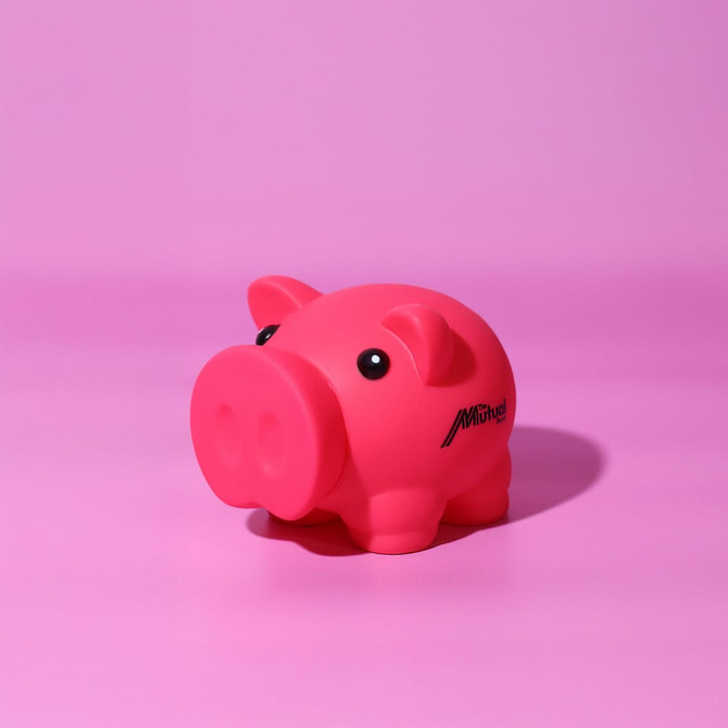 A pink pig-shaped money box with a small logo on its side, set against a pink background.