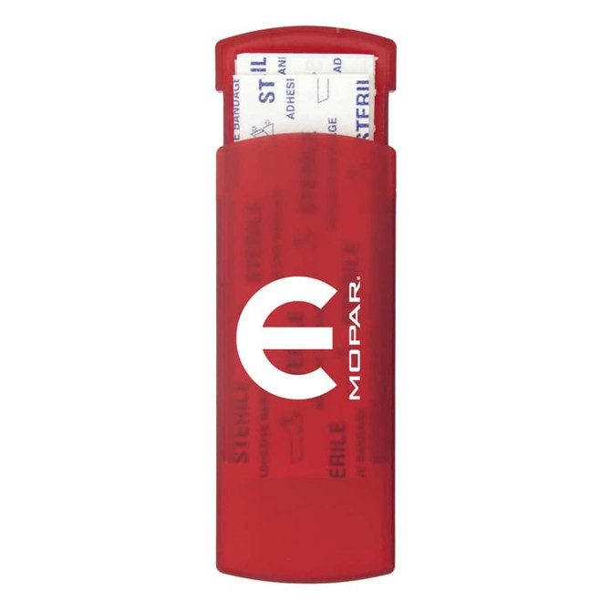 A red bandage dispenser with a logo, containing bandages inside.