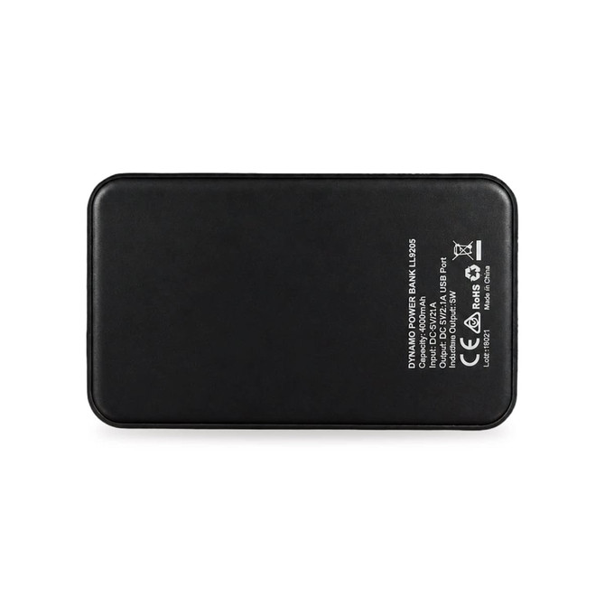 A black Dynamo Wireless Power Bank with a sleek design and a visible branding logo.
