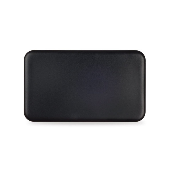 A black wireless power bank with a sleek, rectangular design and a logo on the surface.