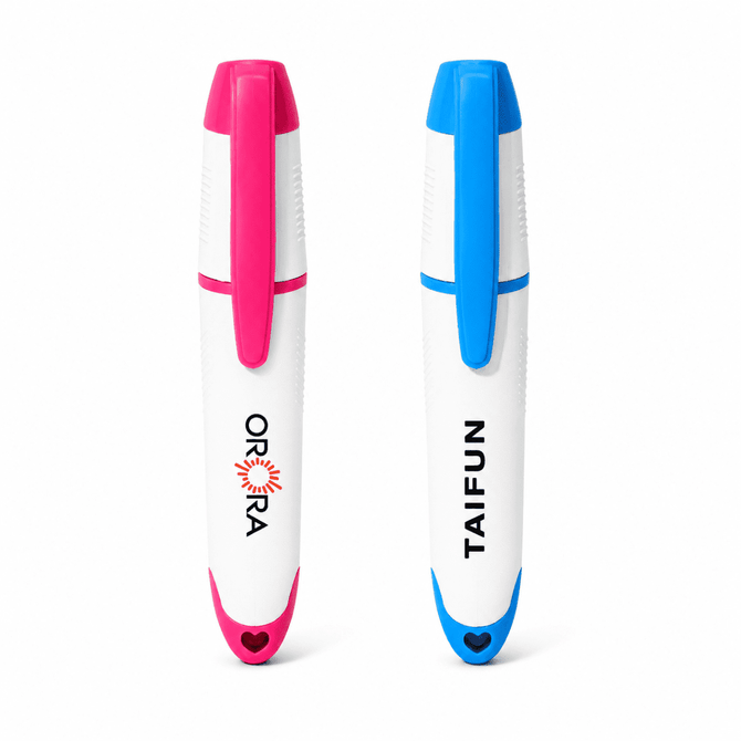 A set of two highlighters with pink and blue tips, featuring a white body and branding.