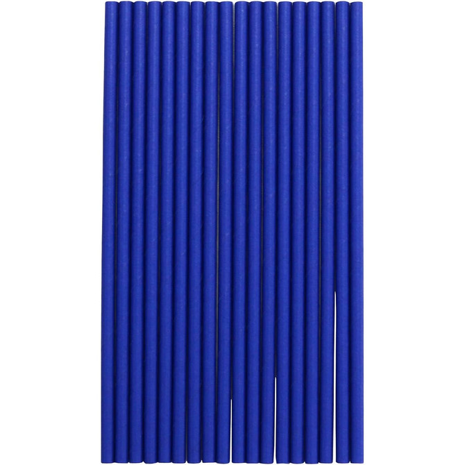 A collection of blue drinking straws arranged neatly in a row, featuring a simple design and a logo.
