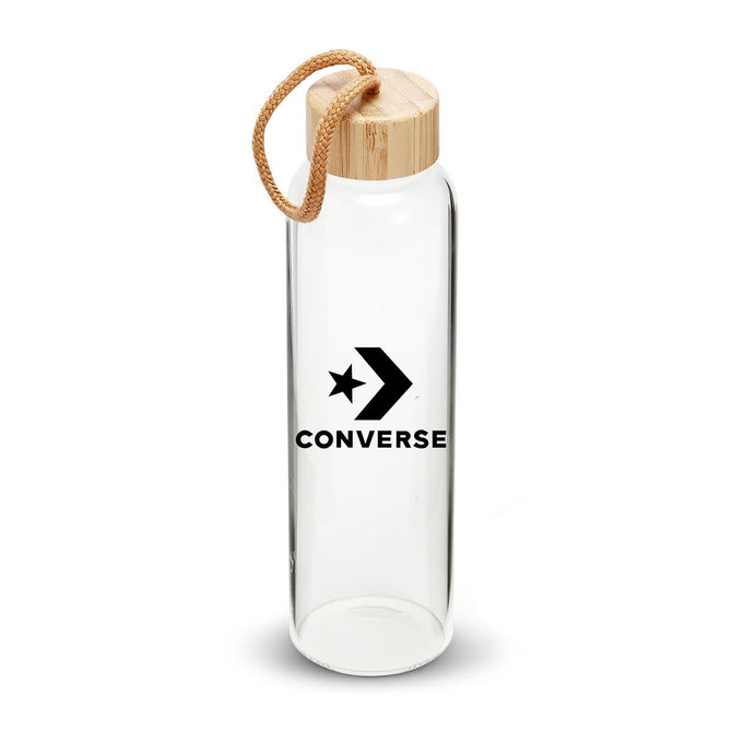 A drink bottle with a clear glass body, bamboo lid, and a logo on the front. It features a rope handle.