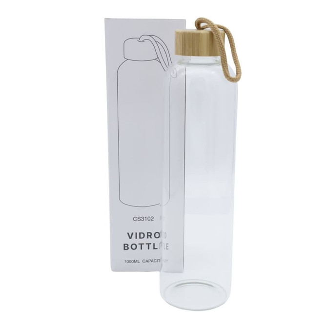 A drink bottle made of clear glass, featuring a bamboo lid and a rope handle, displayed with its packaging.