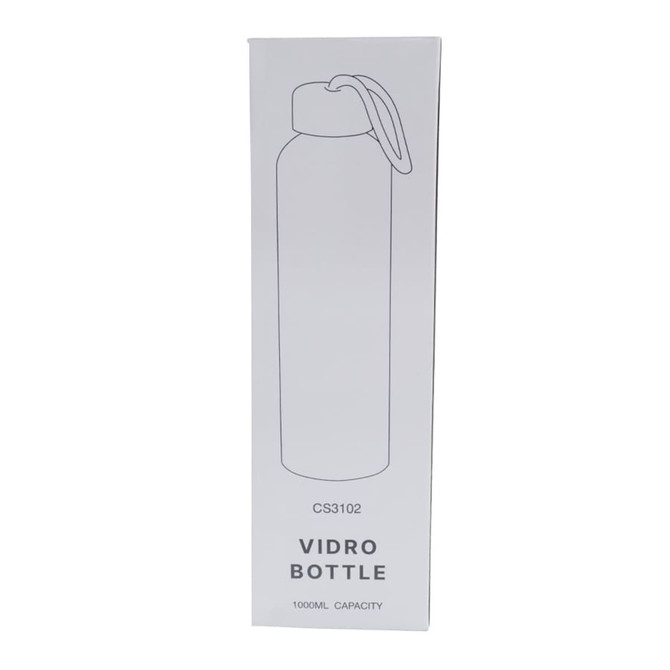A drink bottle with a sleek design in white packaging, featuring a logo and a carrying strap.