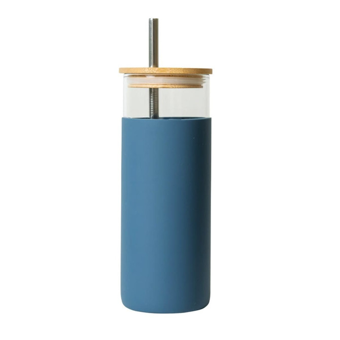 A drink bottle with a blue silicone exterior and a clear top, featuring a bamboo lid and a stainless steel straw.