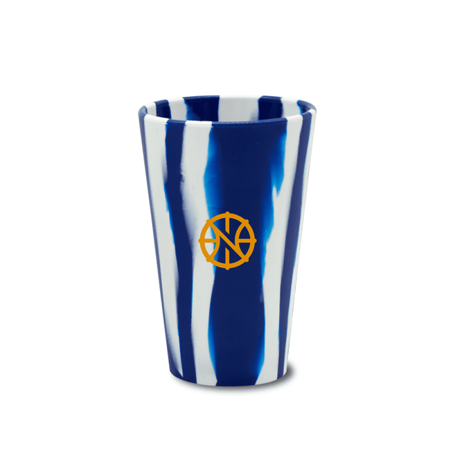A drink bottle in blue and white stripes, featuring a logo, designed as a 470mL cup.