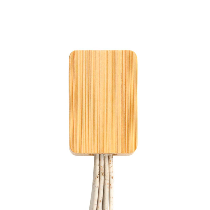A bamboo charging cable with a rectangular connector and white cords, featuring a simple logo on the bamboo surface.