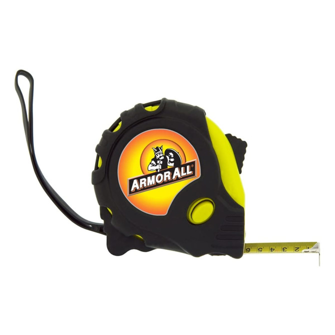 A tape measure featuring a black and yellow design with a logo. The tape is partially extended showing measurement markings.