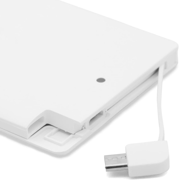 A white power bank with a built-in USB connector and a slim design. It features a logo on the side.